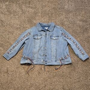 Peace Love World Light Blue Jean Jacket with Lace-Up Accents